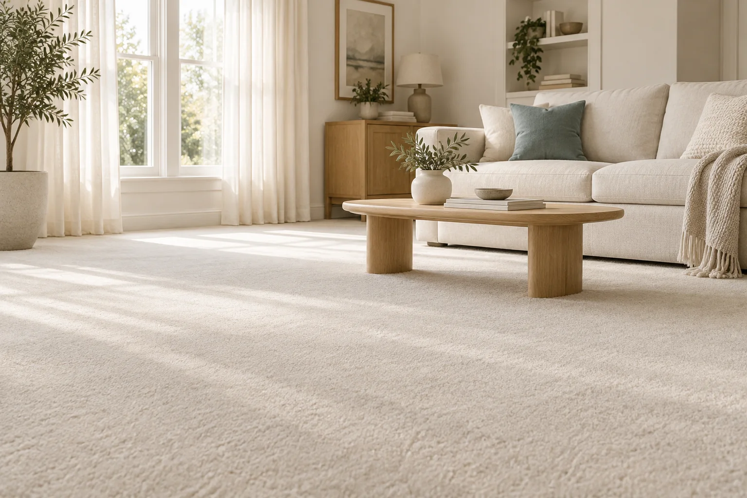 A bright, welcoming living room with a soft cream carpet and a comfortable linen sofa