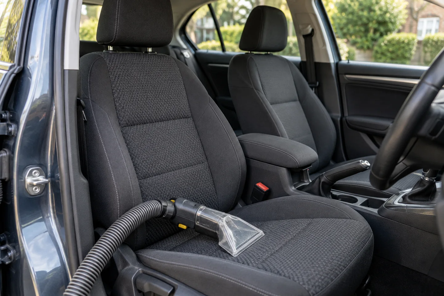 Fabric car seats with an upholstery cleaning tool, viewed through an open door