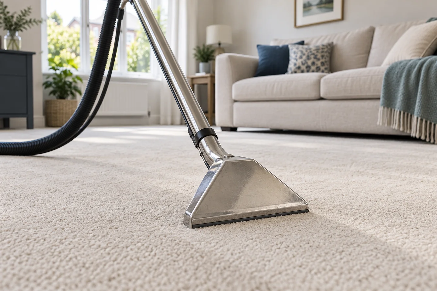 A professional carpet cleaning wand on a soft beige living-room carpet