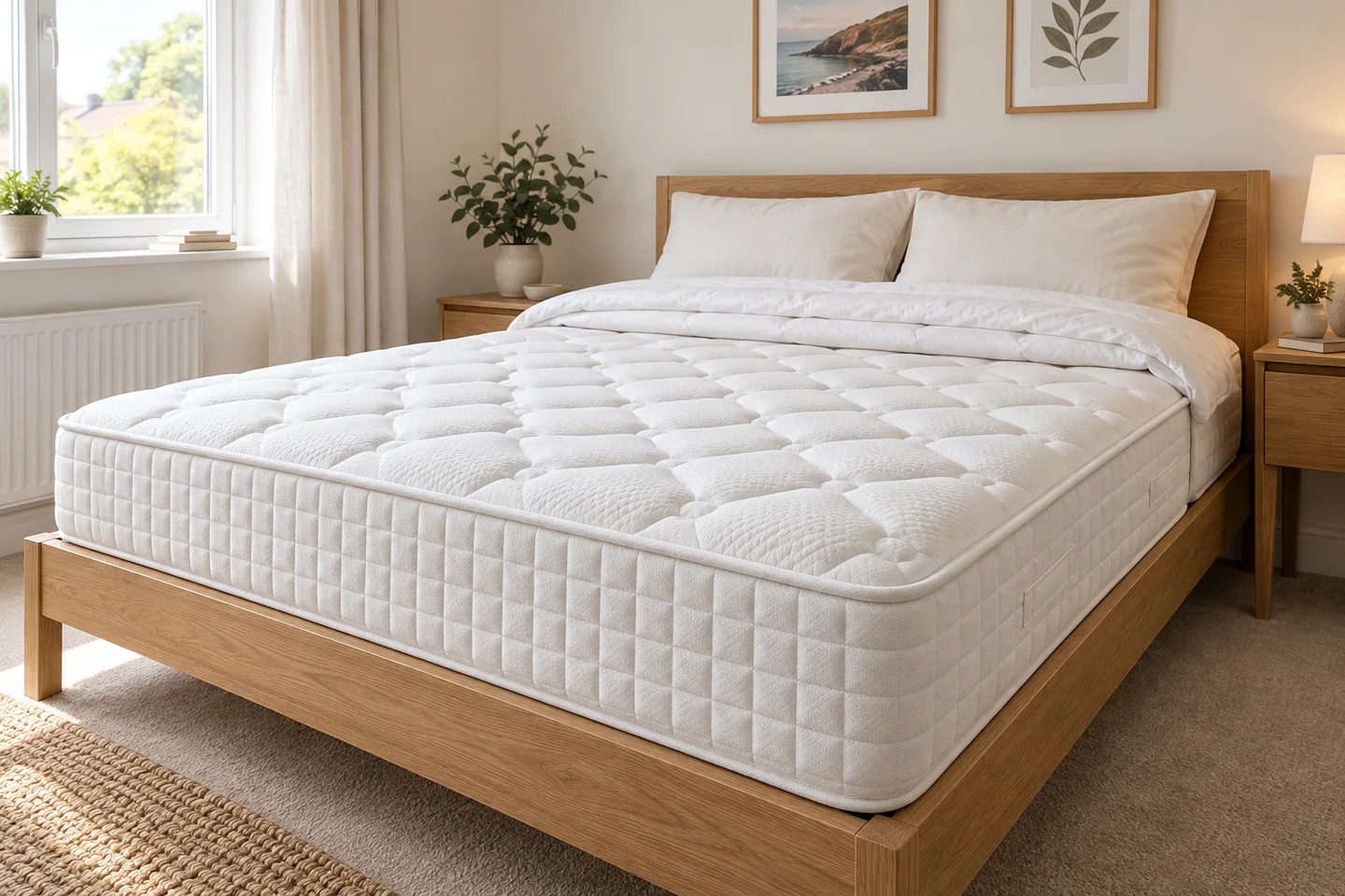 A white quilted mattress in a bright, restful bedroom
