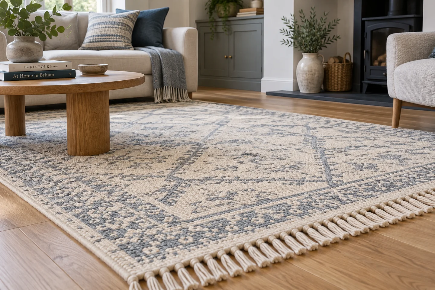 A patterned woven rug with fringed edges on a light oak floor