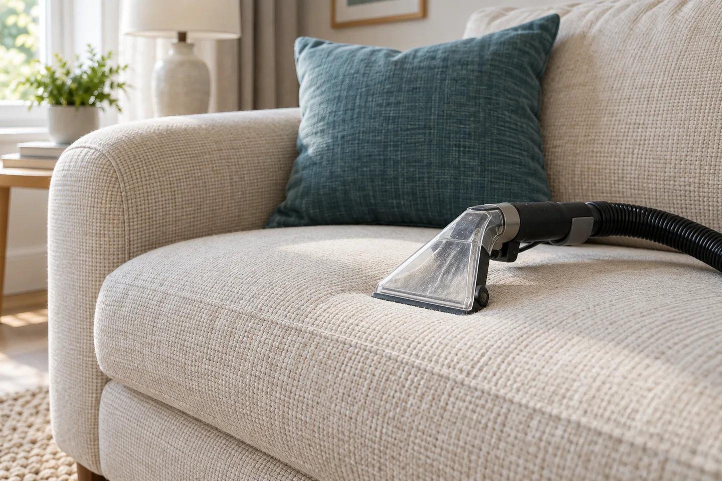 An upholstery cleaning tool on a comfortable woven-fabric sofa